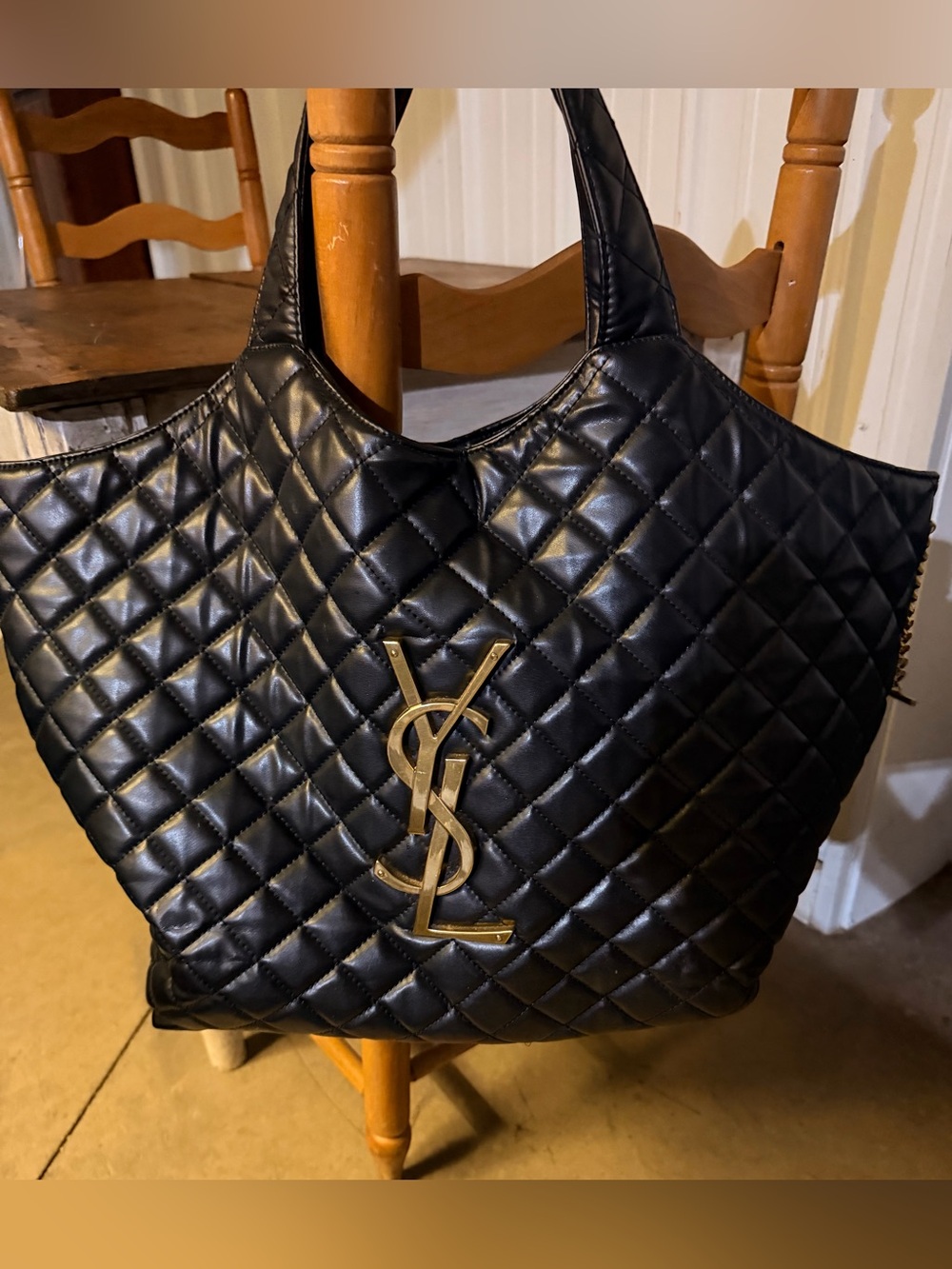 Yves Saint Laurent Black Quilted Leather Tote with Gold Logo